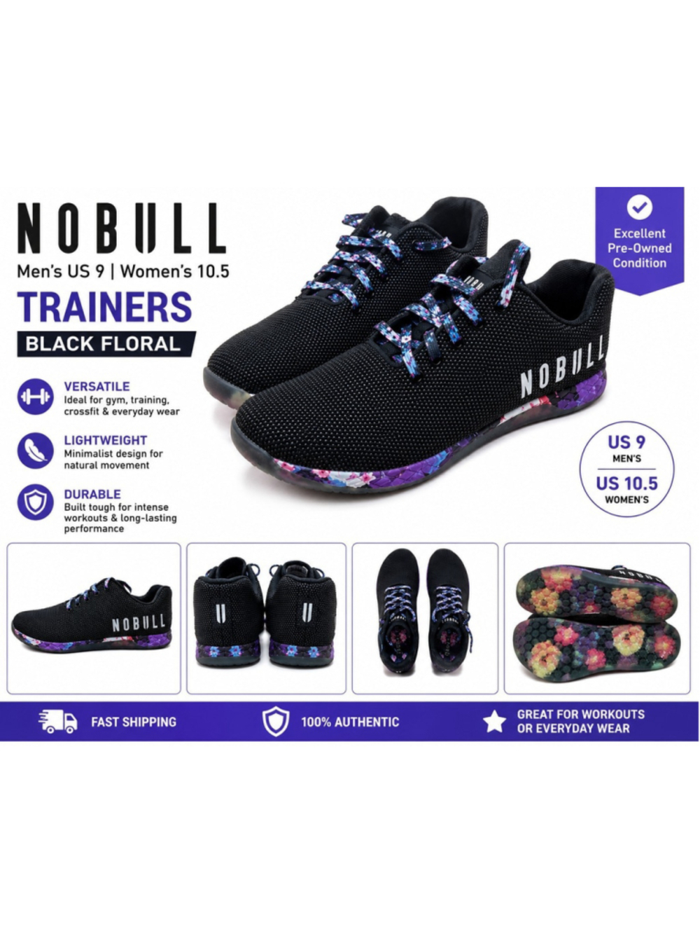 NOBULL Trainers Men's US 9 Women's 10.5 Black Floral Cross Training Shoes Gym